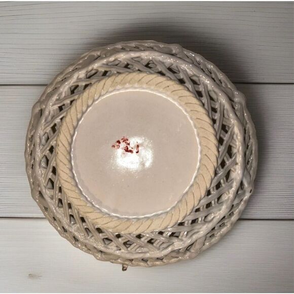 White Round Woven Latticed Ceramic Basket  Bowl Open Weave Set Of 2 - Picture 6 of 8